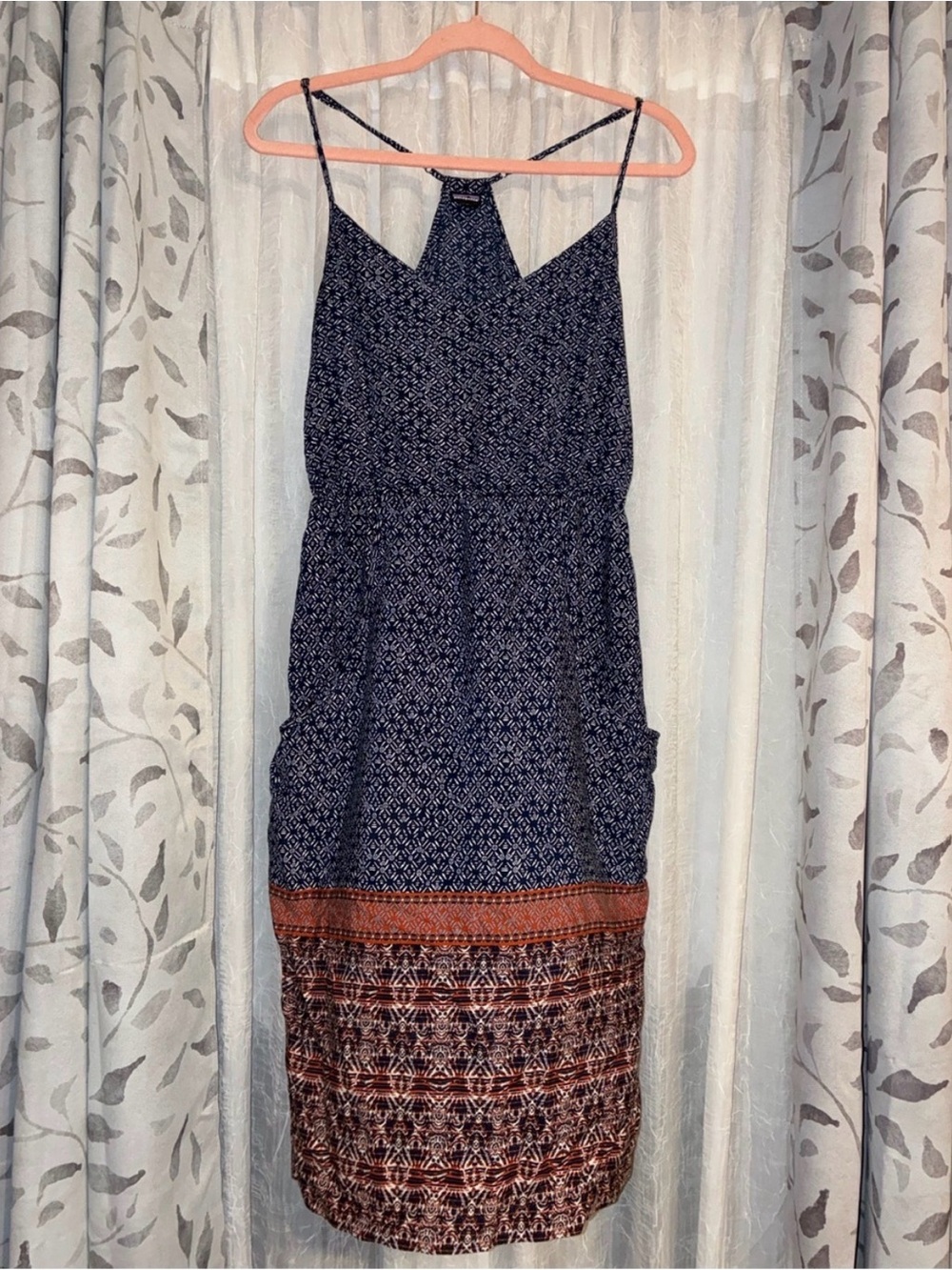 Patagonia Navy & sunburst orange Printed Sleeveless Dress.